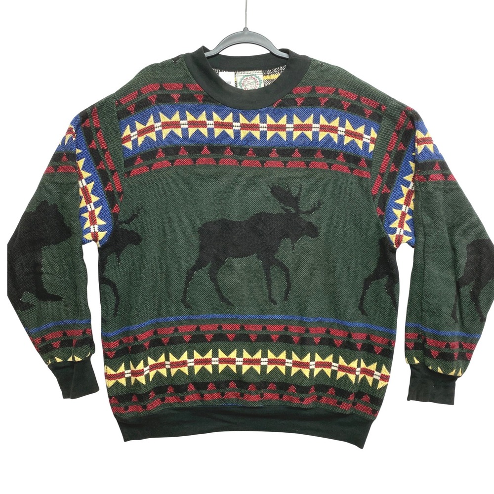 Sugar Street Weavers Sweater One Size Green Moose Tapestry Cotton USA Made